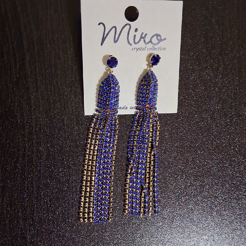Elegant Crystal Collection Royal Blue and Gold Tassel Earrings